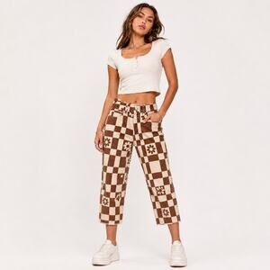 Pacsun Eco Flower Checkerboard Crop Jeans Sz 25 Y2K Brown Daisy Retro Raw Hem